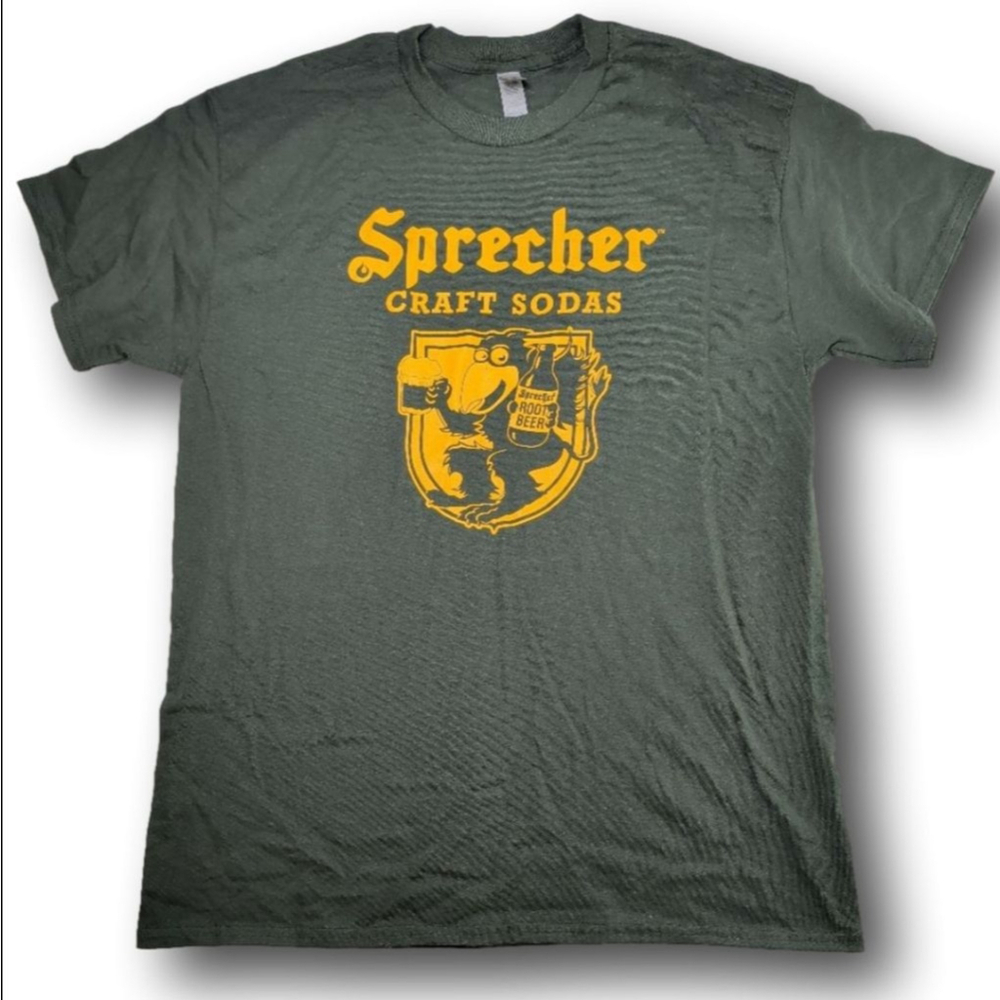 Men's Gildan Sprecher Craft Sodas Green Yellow Short Sleeve Tee L